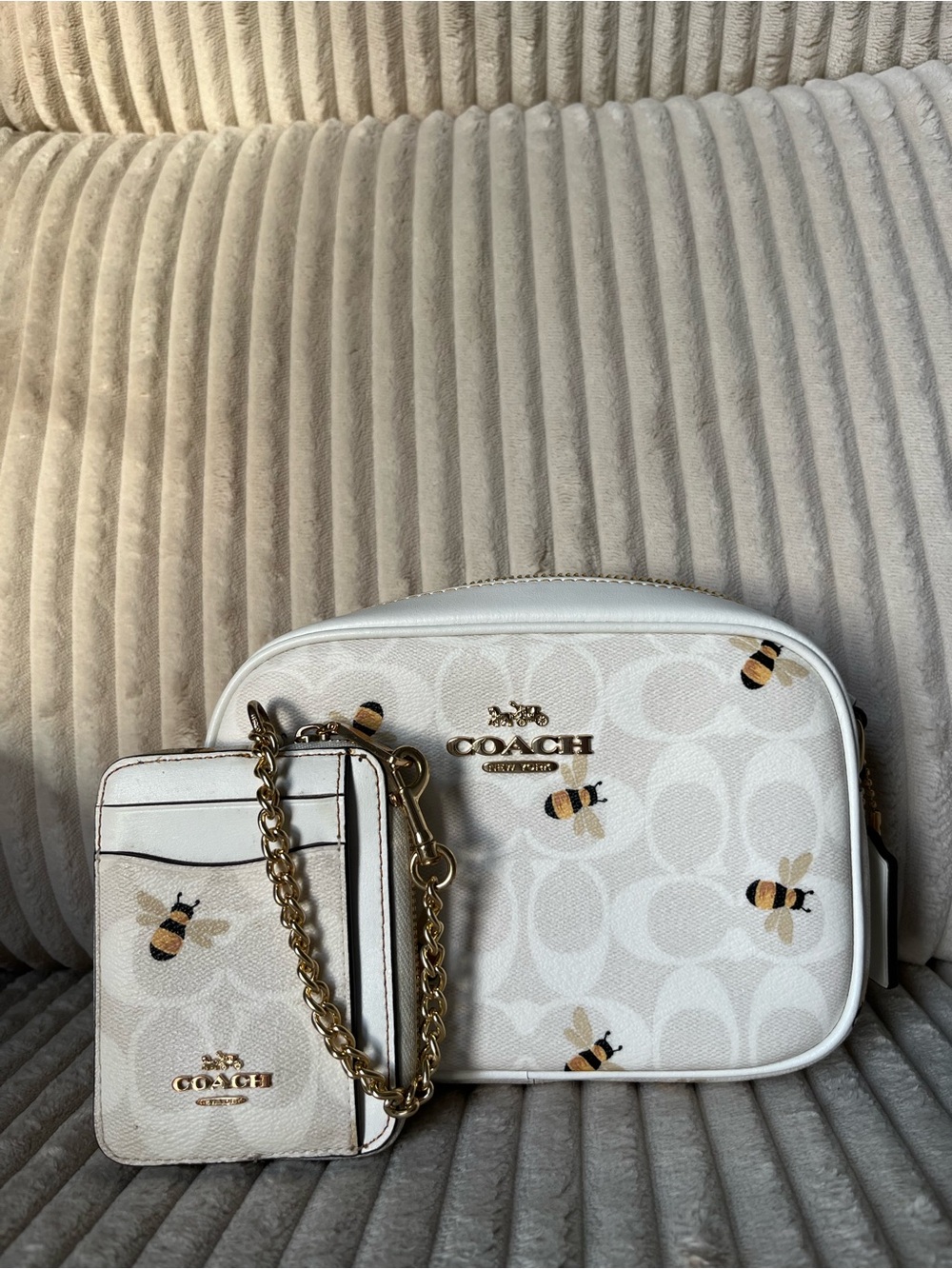 COACH White Bee Print Crossbody Camera Bag with Matching Card Case